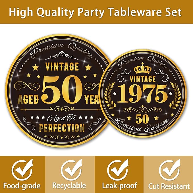 96PCS 50th Birthday Plates and Napkins Party Supplies 50th Birthday Decorations for Men 5oth Anniversary Decorations Vintage 1975 Party Tableware Sets Serve 24 Guests