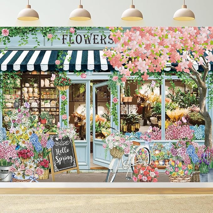 Flowers Shop Backdrop for Photography 8x6FT Spring Florals Butterfly Tea Party Background Hello Spring Banner Decorations Supplies Photo Props