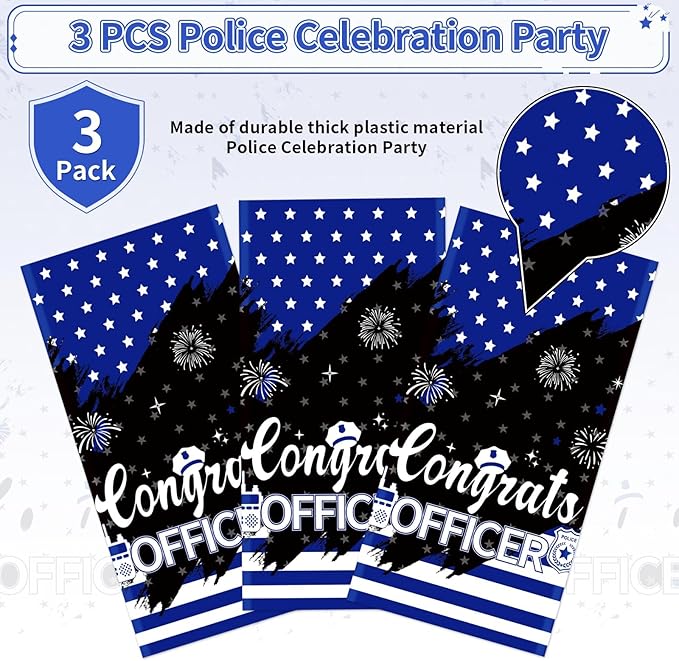 3Pcs Police Party Tablecloth Blue Line Police Retirement Plastic Table Cover Waterproof Congrats Officer Disposable Table Cloth for Law Cop Graduation Promotion Party Decorations, 54 x 108 Inch