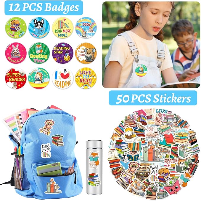 98 PCS Reading Book Party Favors, Reading Book Temporary Tattoos Slap Bracelets Stickers Badges Keychains for Reading Book Birthday Party Decorations Supplies for Book Lovers