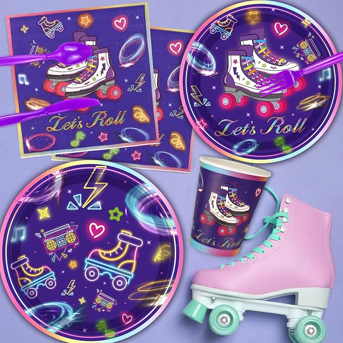 199 Pack Roller Skating Party Supplies Roll Theme Birthday Decoration Roller Skate Birthday Party Tableware Set Let's Roll Birthday Party Packs Serves 20, Purple