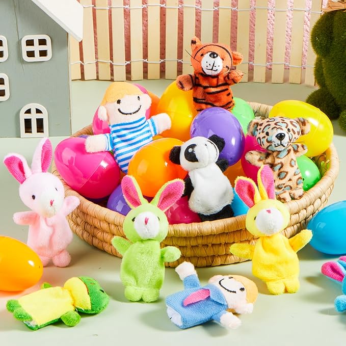 JOYIN 24 Pcs Easter Eggs Filled with Finger Puppets, Prefilled Egg with Cartoon Animal Puppets for Kids Easter Hunt, Basket Stuffers Fillers, Party Favors and Classroom Prize Supplies
