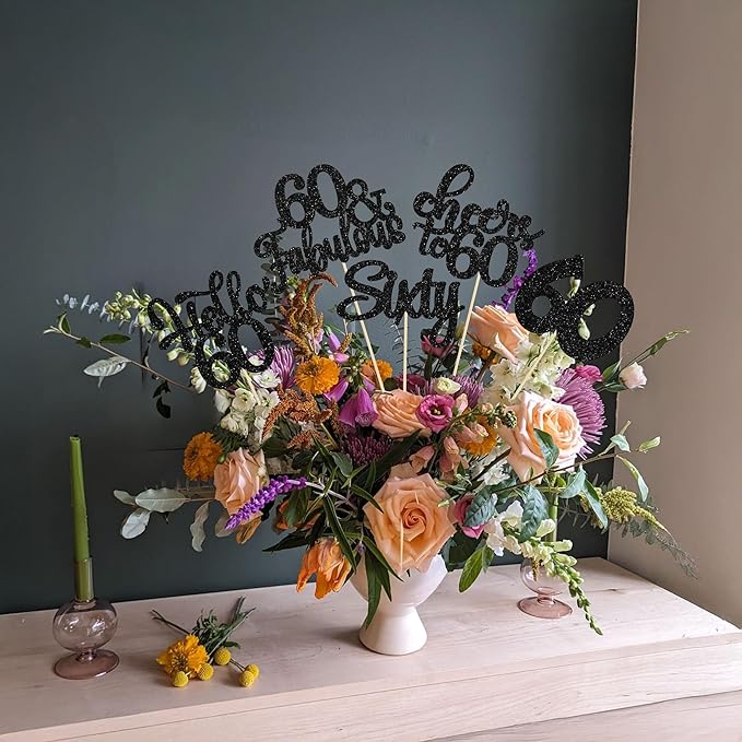 Gyufise 15Pcs 60th Birthday Centerpiece Sticks Sixty Happy 60th Table Flower Centerpieces Sticks Cheers to 60 Floral Decorations for 60th Birthday Party Centerpieces Supplies Black
