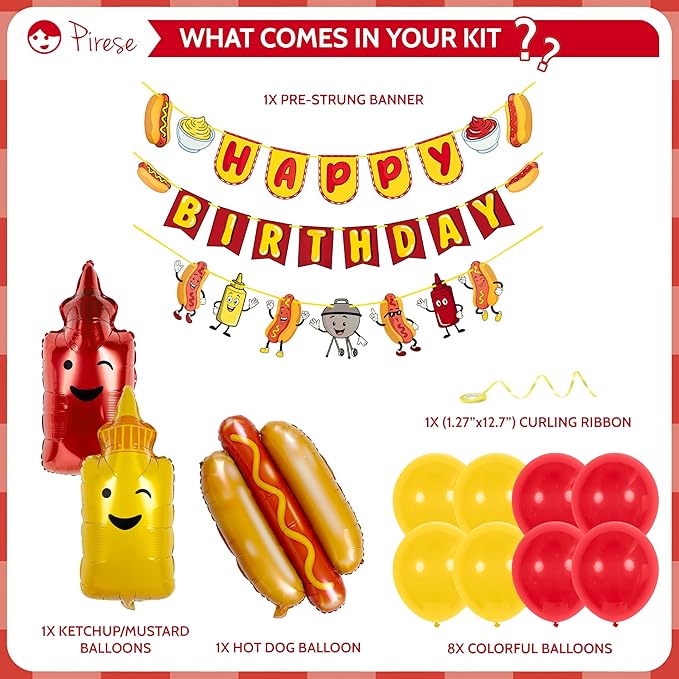 Pirese Hot Dog Birthday Decorations, Hot Dog Party Decorations with Pre-Strung Happy Birthday Banner, Hot Dog Balloons, Picnic BBQ Birthday Party Supplies, Hot Dog Birthday Party Decorations