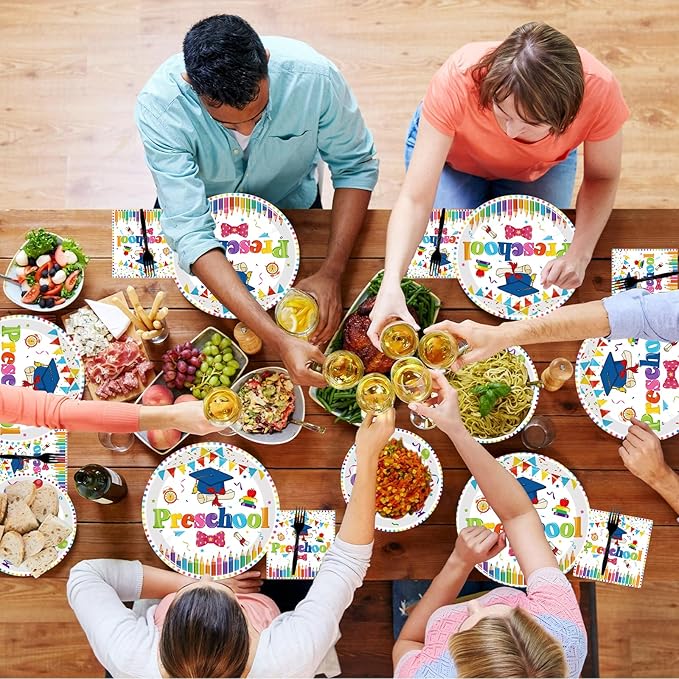 96pcs Preschool Graduation Party Plates and Napkins Set, Pre-K Grad Party Supplies Decorations Preschool Kindergarten Graduation Disposable Paper Plates for Boys Girls, Serves 24 (White)