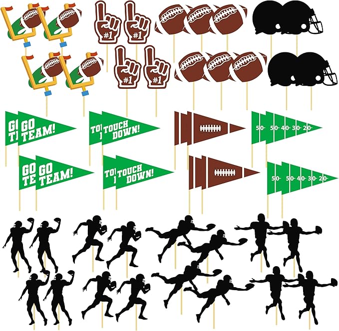 50 Pcs Football Cupcake Toppers, Disposable Foot Ball Themed Cake Toppers, Touchdown Players Flagship Designed Tooth Picks, Football Party Decorations for Sports Baby Shower Birthday Party Supplies