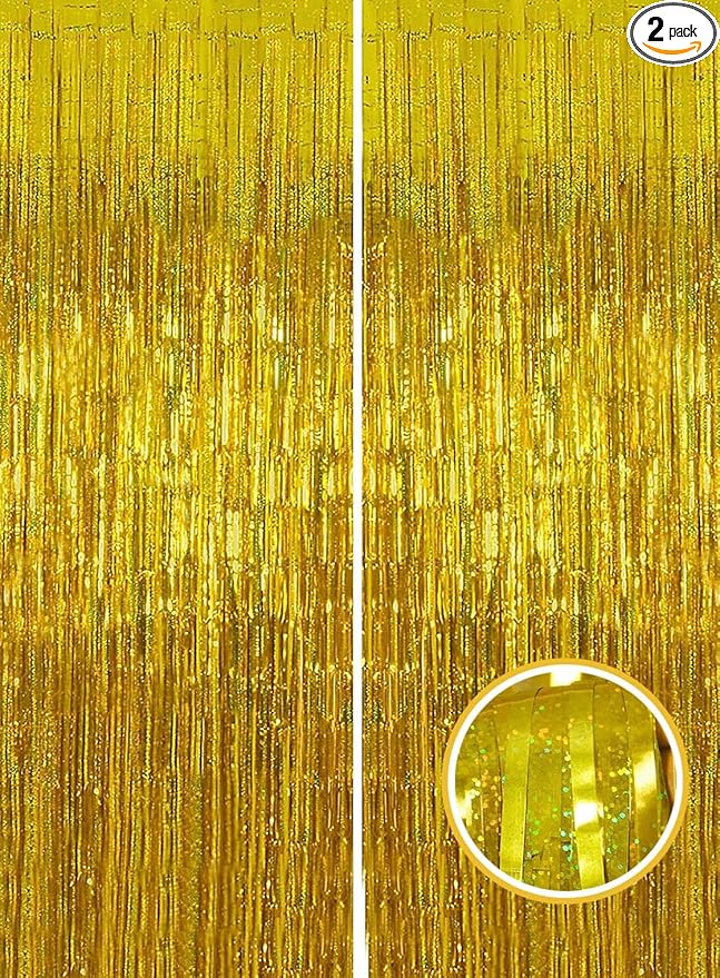 Gold Birthday Party Decorations Beauty Booth Photo Backdrop Curtain Streamers Tinsel Accessories 50th Happy Anniversary 2 Pack