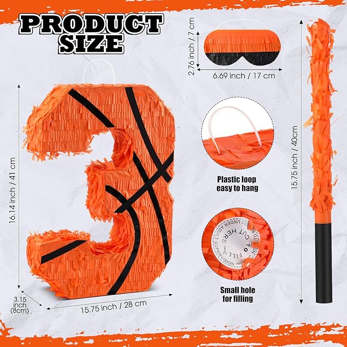 Soulchen Basketball Number 2 3 4 8 Pinata Basketball Party Decorations 16 Inch Piñata with Blindfold Stick and Confetti for Birthday Sports Theme Party Supplies Centerpiece(Number 3)