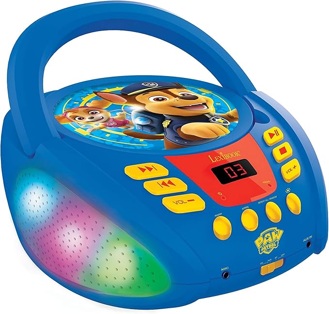 Lexibook - Paw Patrol - Bluetooth CD Player for Kids – Portable, Multicoloured Light Effects, Microphone Jack, Aux-in Jack, AC or Battery-Operated, Girls, Boys, Blue/Red, RCD109PA