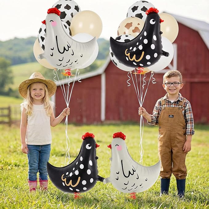 6 PCS Walking Chicken Balloons, Aluminum Foil Chicken Party Decorations White and Black Chicken Walking Balloons for Birthday Baby Shower Farm Animal Theme Party, 20 Inch