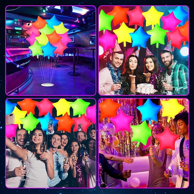 12Pcs Glow in The Dark Party Supply Neon Star Balloons Kit Star Shaped Neon Foil Balloons Blacklight Reactive Balloon for Arche Garland UV Blacklight Birthday Wedding Anniversary Graduation Party
