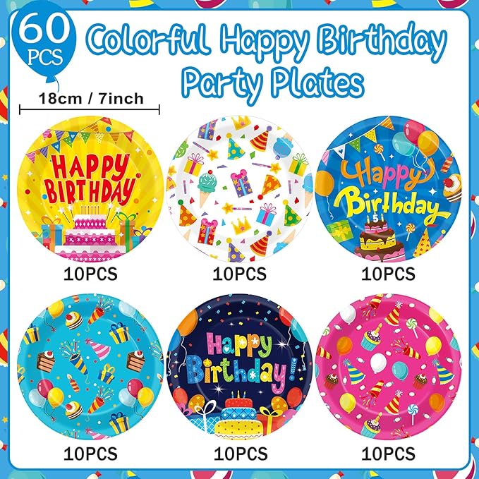 60Pcs Happy Birthday Plates Party Supplies 7” Colorful Birthday Plates Colorful Happy Birthday Tableware Party Decorations for Kids Boys Girls Birthday Cake Dinnerware Party Favors for 60 Guest