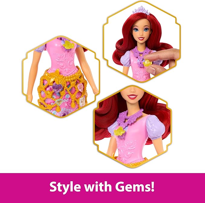Mattel Disney Princess Ariel Fashion Doll & Accessories with 8 Surprises, Including Heart Gem Box, Ring for Child & 9 Play Pieces, Inspired by Movie