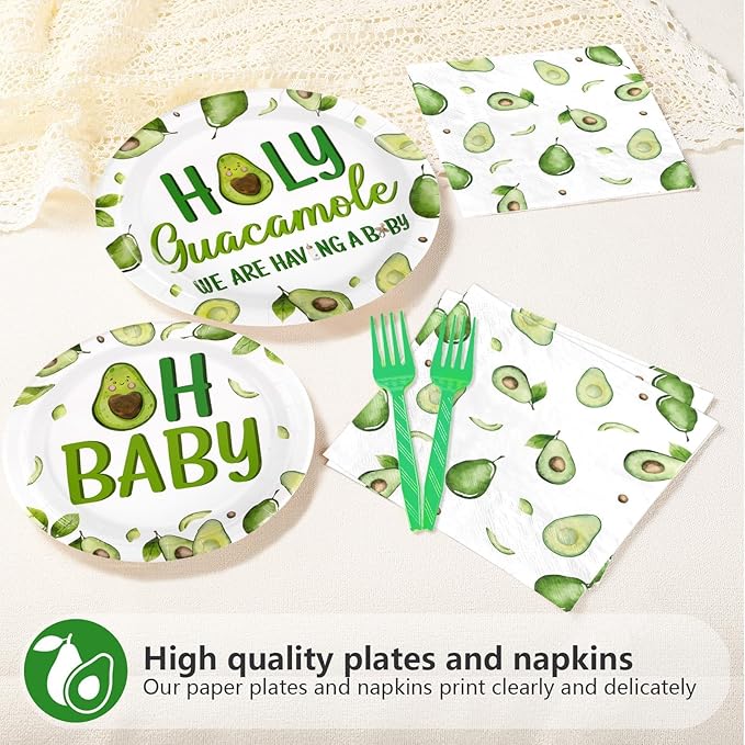 96Pcs Avocado Baby Shower Decorations Baby On The Way Plates and Napkins Disposable Green Holy Guacamole Themed Tableware for Baby Avocado Baby Shower Gender Reveal Party Supplies Serves 24