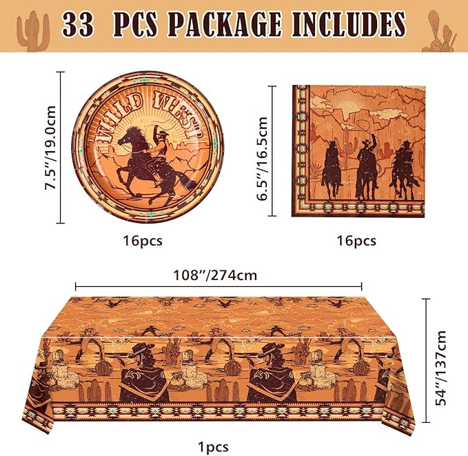 WERNNSAI Western Party Decorations - 33 PCS Western Tablecloth Plates and Napkins Cowboy Birthday Party Supplies for Boys Kids Men Rodeo Tableware Set Serves 16 Guests