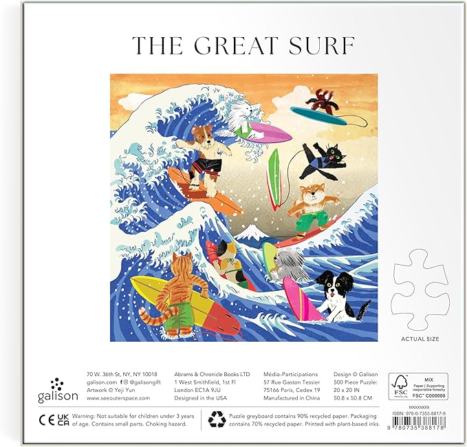 Galison The Great Surf – 500 Piece Jigsaw Puzzle Featuring Beautiful Artwork of Cats and Dogs Surfing Waves