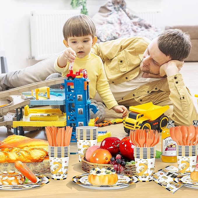 168pcs Construction 2nd Birthday Party Decorations 2nd Plates Napkins Tableware Set Disposable Paper Cups for Boys Construction Two Years Old Party Supplies Serves 24