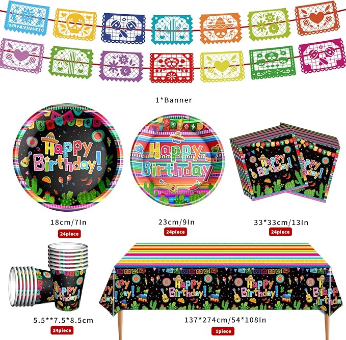 Mexican Fiesta Party Supplies Tableware Set Mexican Cinco De Mayo Themed Tableware with Paper Plates Napkins Cups Tablecloth Banner for Mexican Fiesta Party Decorations, Serves 24