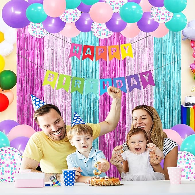 22Pcs Cute Dollhouse Party Decorations, Purple Pink 3.3x8.2ft Tinsel Foil Fringe Curtains Banners and Multicolour Balloons for Cartoon Theme Birthday Decorations Boys and Girls Party Supplies