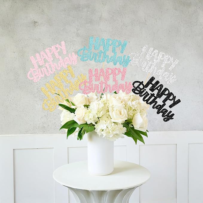 Gyufise 12Pcs Happy Birthday Centerpieces Sticks Double Sided Glitter Birthday Party Decorations Anniversary Table Flower Centerpiece for Celebrating Party Supplies Multicolor