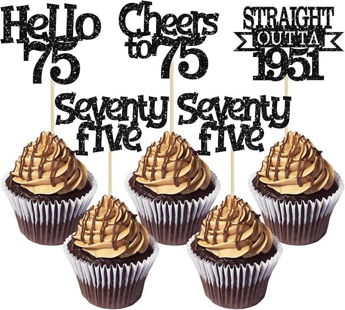 Ephlyn 24Pcs 75th Birthday Cupcake Toppers Glitter Straight Outta 1951 Cupcake Picks Hello 75 Cheers to 75 Years Cake Decorations for 75th Birthday Anniversary Party Decorations Supplies Black