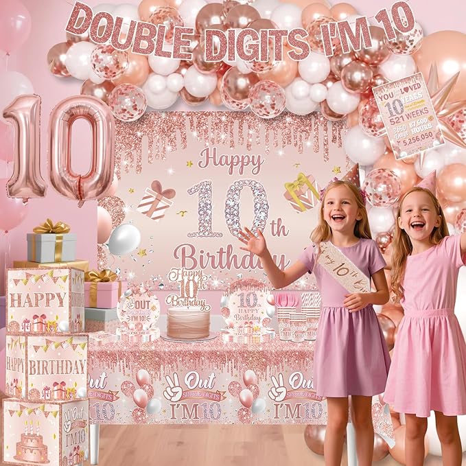 10th Birthday Decorations for Girl, Double Digits Birthday Girl 10 Years Old Double Digits I'm 10 Banner Balloons Garland Arch Backdrop Sash Plates and Napkins Set Ten Birthday Party Supplies