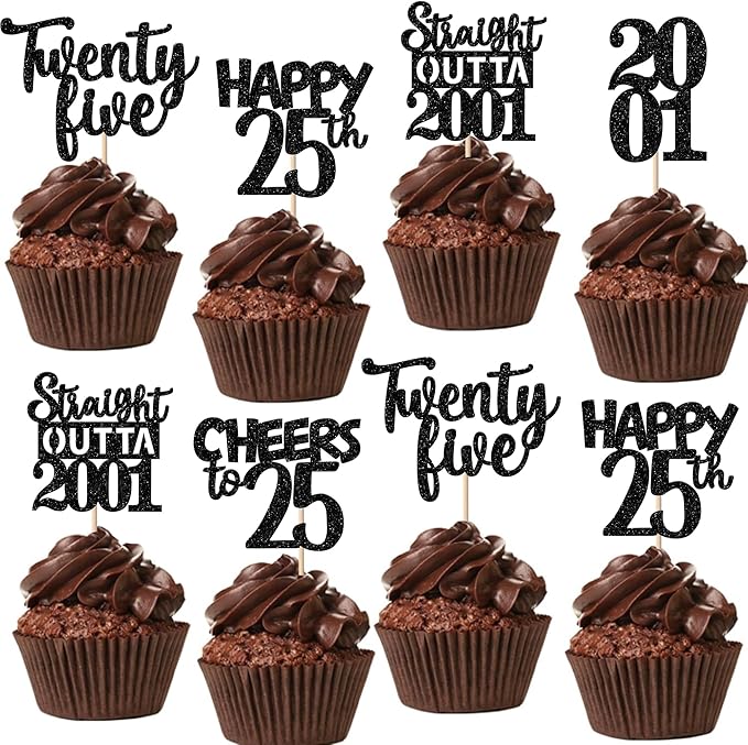 30PCS Black 25th Birthday Cupcake Toppers Glitter Twenty Five Happy 25th Straight Outta 2001 Cupcake Picks for Cheers to 25 Years Birthday Anniversary Party Cake Decorations Supplies