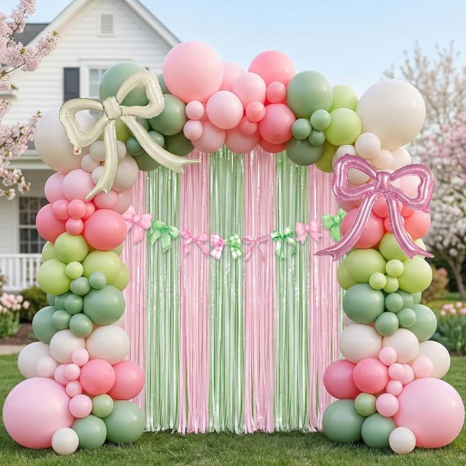 Spring Pink and Green Party Decorations with Bow foil Balloons & Tinsel Foil Fringe Curtains cute Bow Banner for girl baby in bloom baby shower woodland Safari wild one theme party decorations