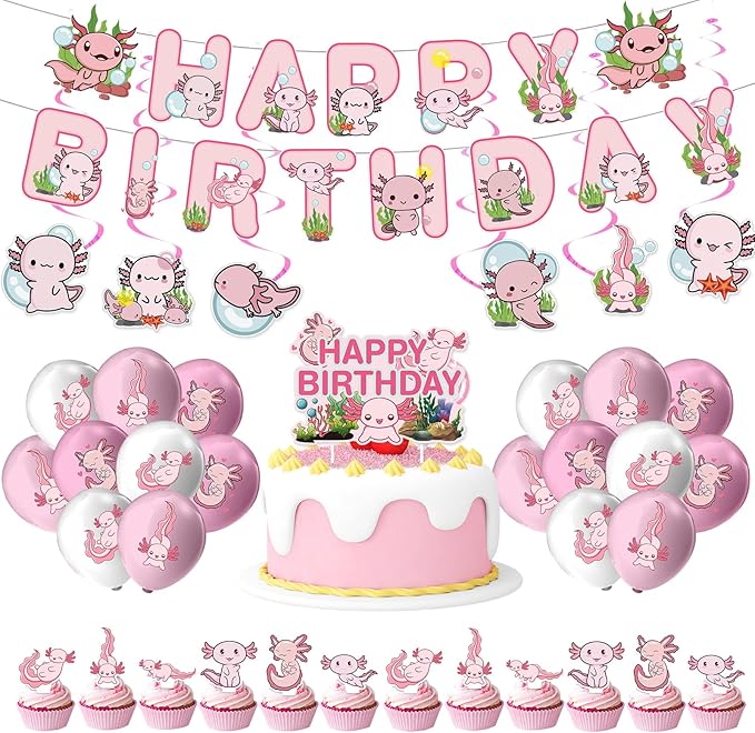 39 Pcs Axolotl Party Decorations, Include Pink Cute Cartoon Animals Happy Birthday Banners, Spiral Ornaments, Cupcaketoppers, Pink Axolotl Balloons for Birthday Party Supplies