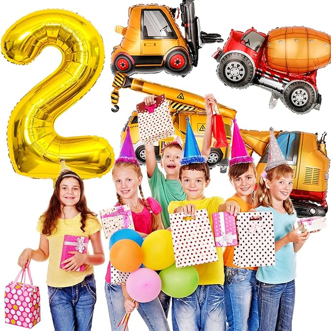 Construction Birthday Party Supplies 2 Year Old, Large Construction Balloons 40Inch Gold Number 2 Balloons Construction Truck Foil Balloons for Boys 2nd Construction Birthday Party Decorations