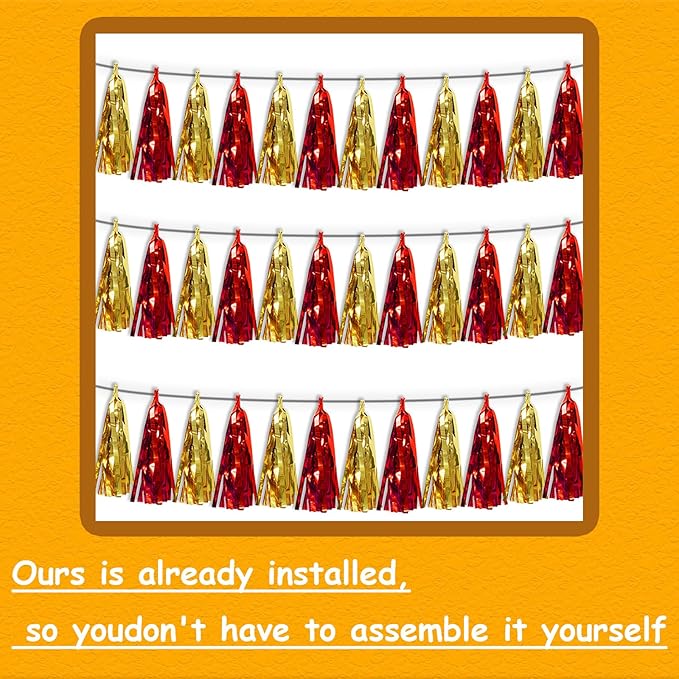 3P Red Gold Metallic Fringe Banner Garland Foil Tinsel Streamer Wall Hanging Curtain Backdrop Banners for Parade Floats Graduation Halloween, Christmas, Baby Bridal Shower Party Decorations