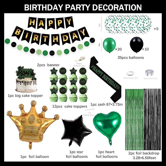 Black And Green Birthday Decorations for Men,Fringe Curtains Happy Birthday Banner,Red balloons,Cake Toppers for Boys