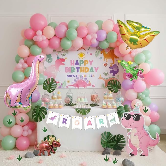 Three Rex 3rd Birthday Decorations with Pastel Pink Green Dinosaur Balloon Garland Dino Foil Balloons ROAR Banner Backdrop Footprint Stickers Palm Leaves for Girls 3 Year Old Dinosaur Party Supplies