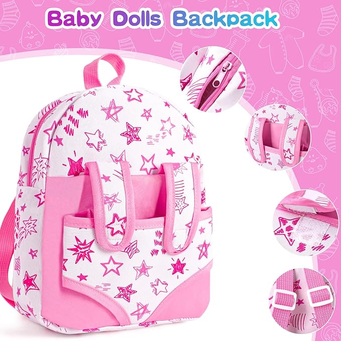12" Baby Doll in Gift Box with Pink Backpack, Cloths, Feeding Bottle and Pacifier, First Baby Dolls for Toddlers 3 Years and Up