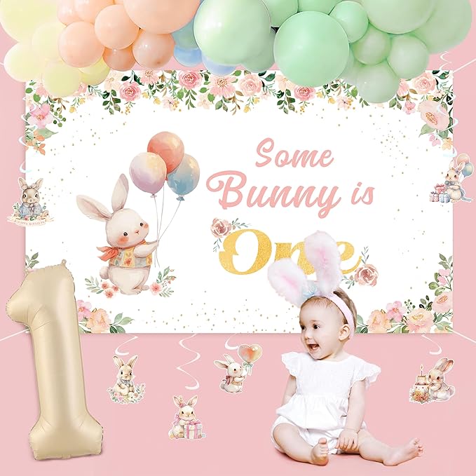 Some Bunny is One Decorations, 142PCS First Birthday Decorations with Backdrop, Hanging Swirls Ceiling Decoration and Balloons for Girl Rabbit Themed Party