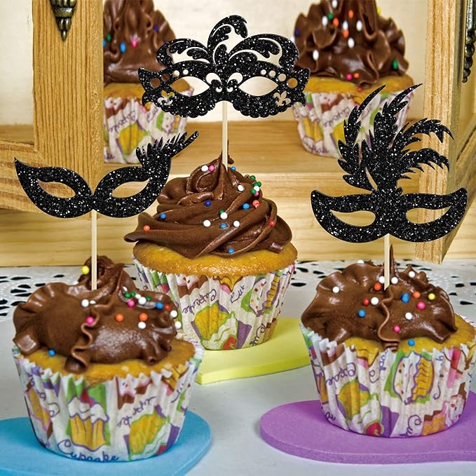 Gyufise 24Pcs Masquerade Masks Cupcake Toppers Glitter Bachelorette Party Mask Cupcake Food Fruit Picks Masquerade Mardi Gras Party Baby Shower Birthday Party Cake Decorations Black