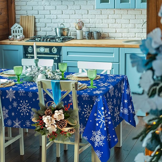 Kochorie 100 Ft x 54 Inch Blue Snowflake Tablecloth Roll with Cutter Box Christmas Themed Snowflake Printed Disposable Winter Backdrop Cut to Size Table Cover for Frozen Birthday Party Supplies
