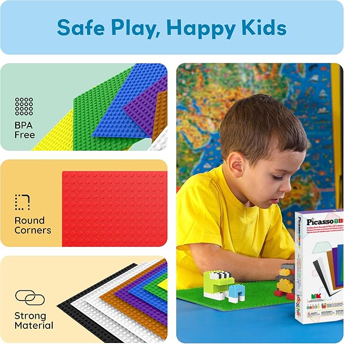 PicassoTiles Brick Baseplate Classic Building Block Foundation Kit 10 Pack 10"x10" Platform Multi Color Bricks Stud Blocks Compatible with All Major Brands STEM Construction Set Kids Ages 3+ PBS01