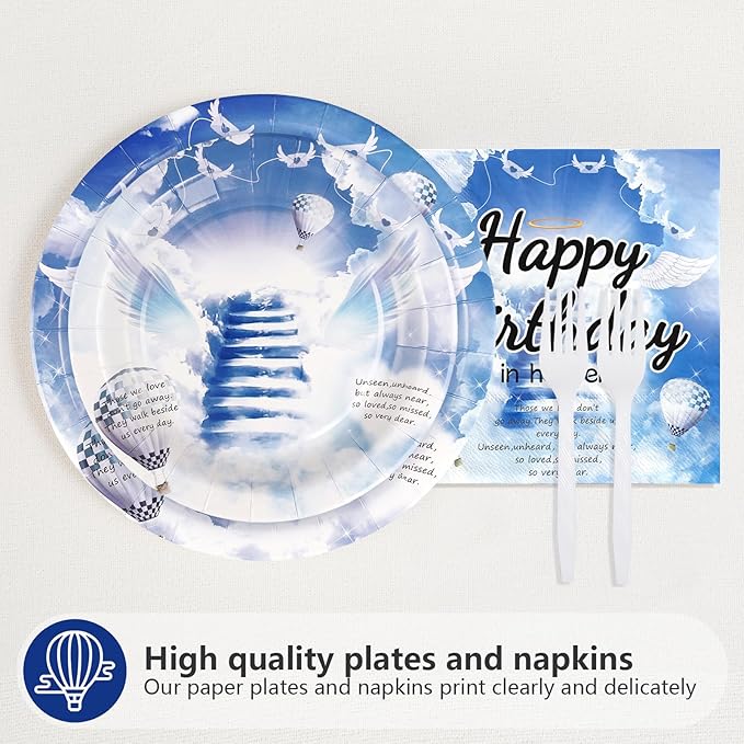 96 Pcs Happy Birthday in Heaven Party Supplies Funeral Remembrance Plates and Napkins Disposable Funeral Memorial Tableware Set for Condolence Birthday Anniversary Party Decorations Serves 24