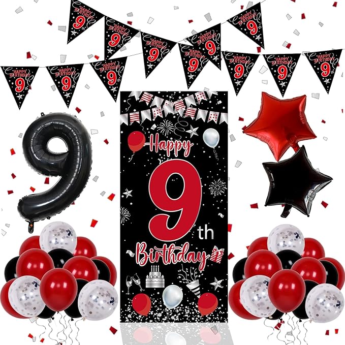 9th Birthday Decorations for Boys Girls, Red Black Happy 9th Birthday Decorations, Boy 9 Year Old Bday Door Banner, Triangle Flag, Large Number 9 Balloons Bday Party Decoration for Kids