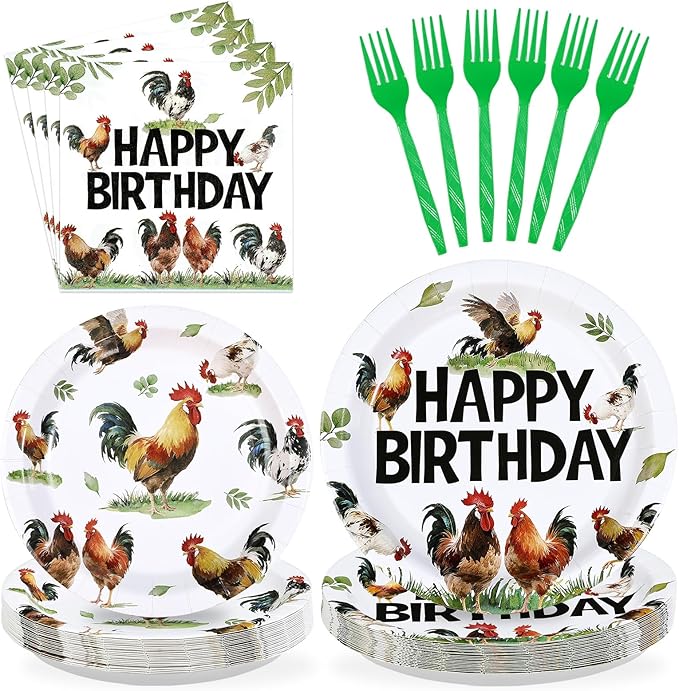 96Pcs Chicken Birthday Party Supplies Rooster Plates and Napkins Rooster Rustic Farmhouse Country Tableware Set for Girl Boy Chicken Farm Animal Birthday Theme Party Supplies，Serves 24