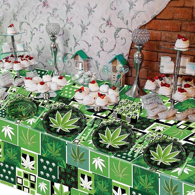 Gisgfim 98 Pcs Weed Themed Party Supplies - Green Pot Leaves Birthday Party Plates, Tablecloth & Decorations for Adults - Tableware Paper Forks, Napkins & Plates for 24 Guests