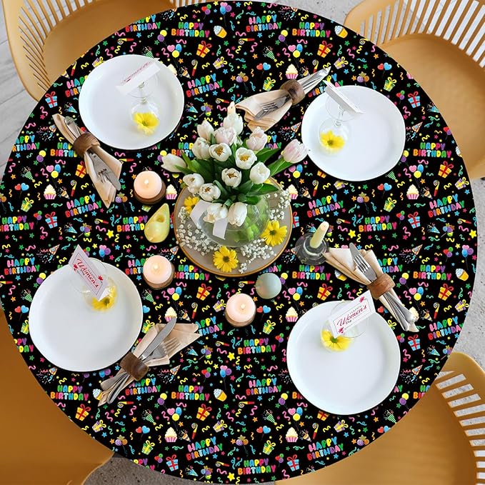 Oudain 3 Pcs Happy Birthday Tablecloth Decorations 84 Inch Plastic Disposable Round Table Covers Waterproof Colorful Balloons Confetti Tablecloth for Women Birthday Party Supplies Baby Shower(Black)