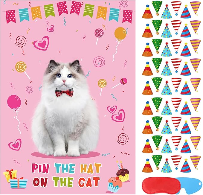 Hooqict Pin The Hat On The Cat Party Game Cat Birthday Party Games for Kids, Cat Birthday Party Supplies Decorations for Girls Boys, Large Pin The Tail Poster with 54 Hat Stickers