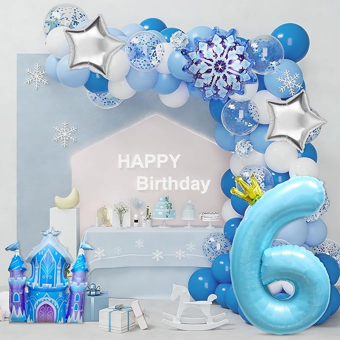 7Pcs 6th Birthday Party Decorations Balloons,Winter Snowflake Balloons Large Blue 40 Inch Number 6 Balloon Foil Star Castle Ballon for Birthday Party Favor Decor Supplies Winter Wonderland Decoration