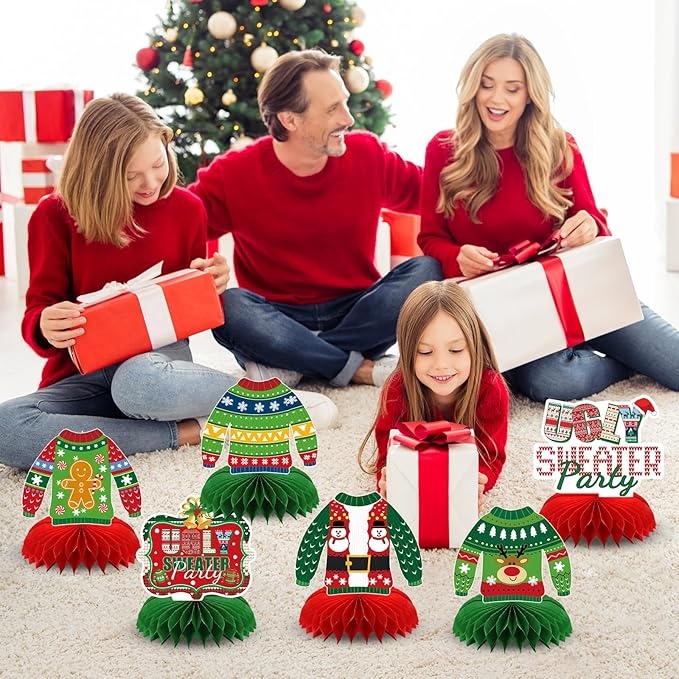 10 Pcs Christmas Ugly Sweater Party Decorations Honeycomb Centerpieces,3D Xmas Table Toppers Christmas Ugly Sweater Table Decor for Winter Holidays Party Supplies