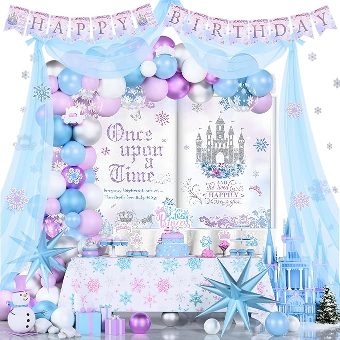 Winter Snow Birthday Party Decorations for Girls,Snowy Princess Birthday Supplies,Winter Wonderland Princess Party Decor,Ice Blue Silver Snowflake Balloons,Once Upon a Time Fairy Girl Party Decor