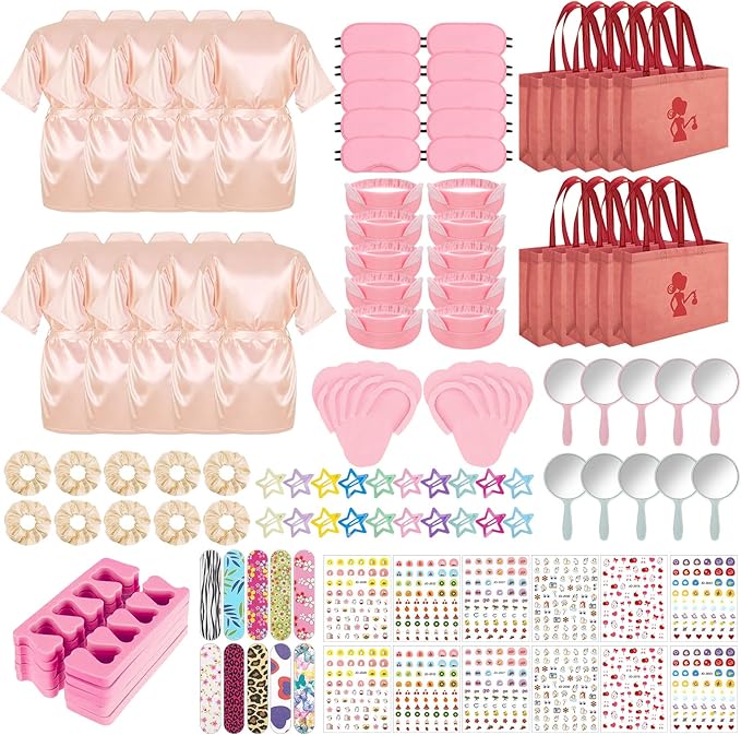 122 Pcs Champagne Pink Girls Spa Party Kit, 10-Pack Slumber Party Favors with Satin Robes, Tote Bags, and Nail Salon Accessories for Kids Spa Birthday, Halloween, Home Party Supplies