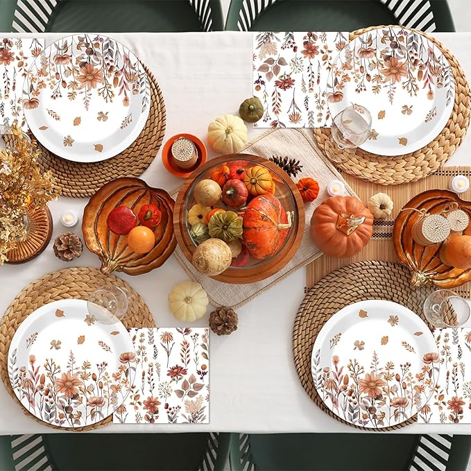50Pcs Fall Floral Party Plates and Napkins 7 Inch Wildflower Birthday Decoration Thanksgiving Paper Dessert Plates Watercolor Autumn Tableware Set Serves 25 Guests Kids Boy Baby Shower Party Supplies