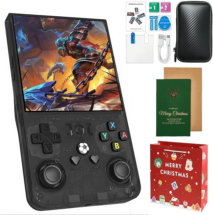 MYCHA R36MAX Retro Handheld Game Console Christmas Set with Gift Card & Bag,4 inch HD IPS Screen 128GB 21000+Classic Games,Portable Gift for Gamer(Black Set)